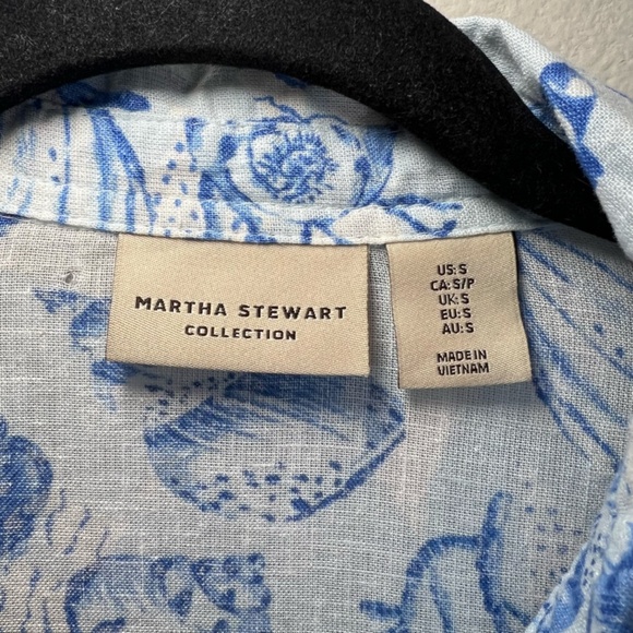 Martha Stewart Womens Linen Blend Shirt Dress Blue White Beach Shells Size Small - Picture 4 of 16